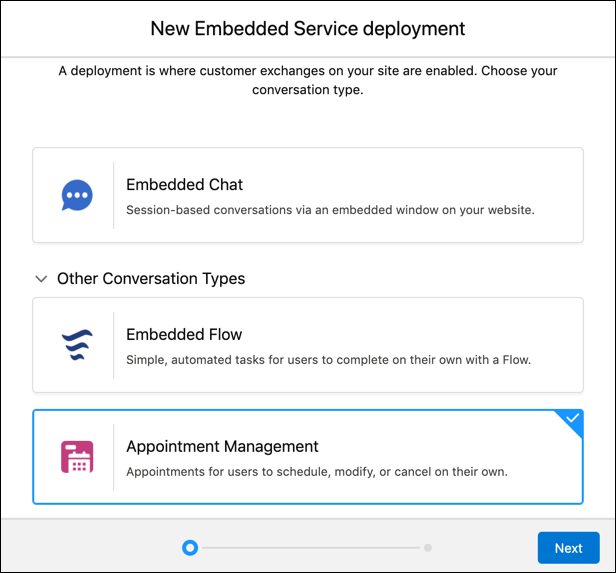 A screenshot for a new deployment with the Appointment Management type selected.