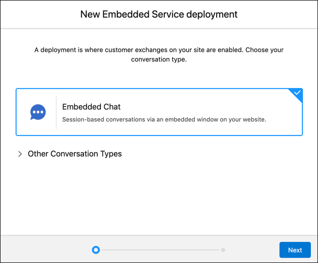 A screenshot for a new deployment with the Embedded Chat type selected.
