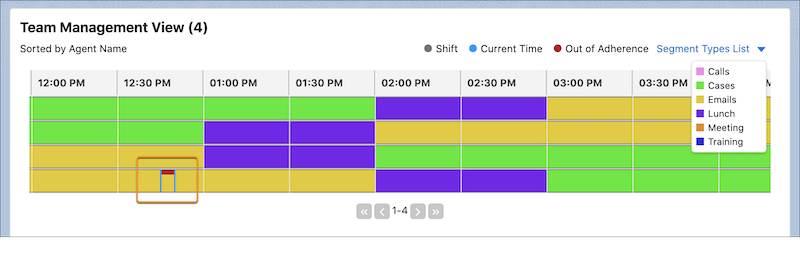 Team Management View with an out-of-adherence flag on an agent's schedule