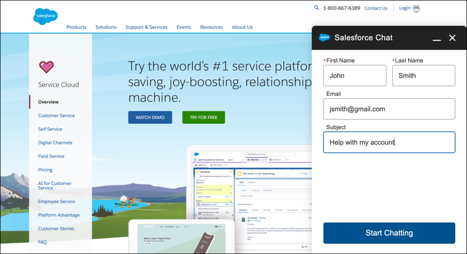 Screenshot met het pre-chatformulier in de rechterbenedenhoek van het browservenster.