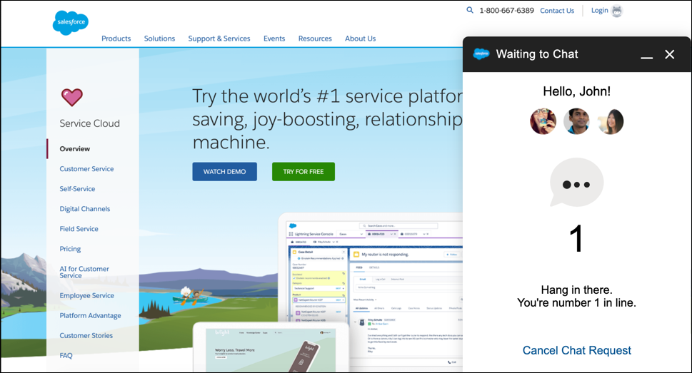 Screenshot met een klant die wacht op een serviceagent in de rechterbenedenhoek van het browservenster.