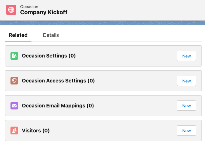 Screenshot of the Related view of the Occasion Object