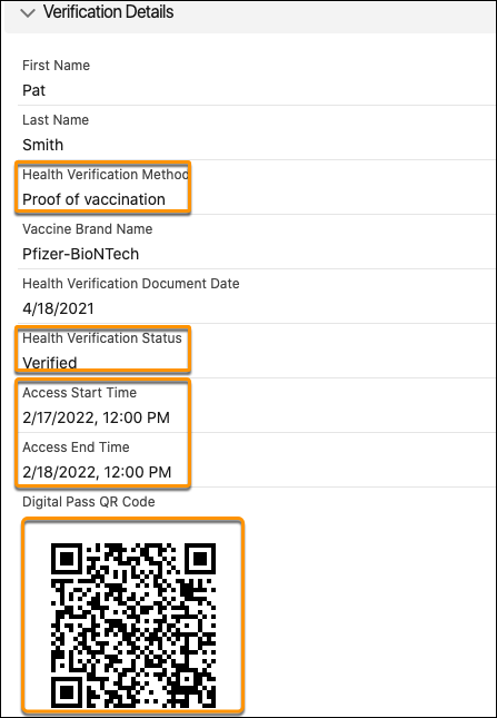 Screenshot showing fields on the Health Verification record that match the QR Code Generation criteria