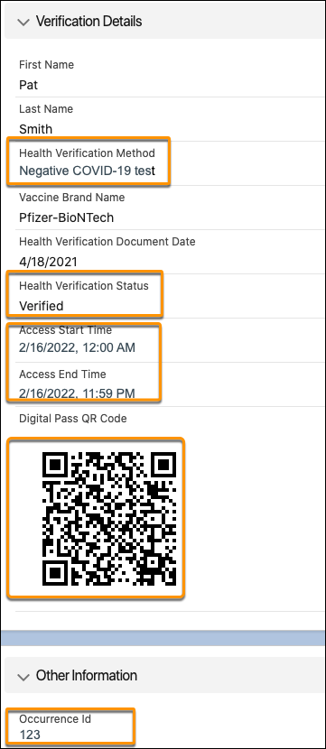 Screenshot showing Health Verification record fields matching the QR code generation criteria