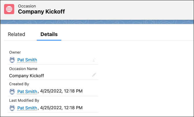 Screenshot of the Details view of the Occasion object