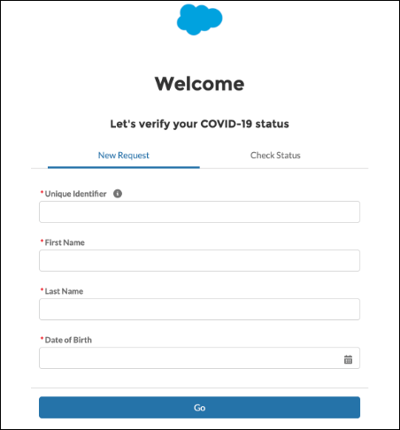 Screenshot of the Health Verification form Welcome Page