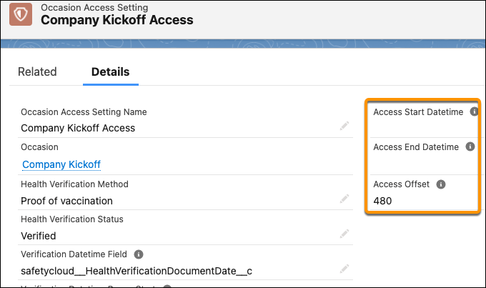 Screenshot shoiwing Access Offset and Access Start and End Datetime fields