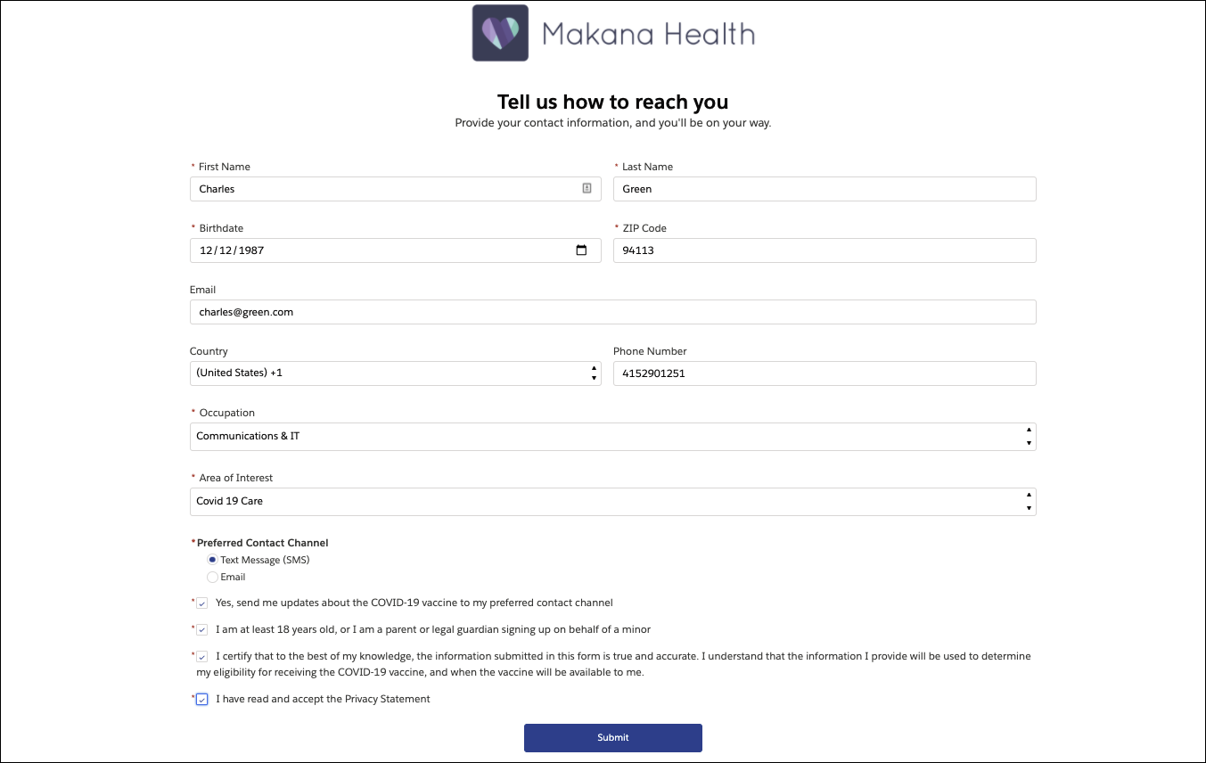 The default Vaccination Sign-Up Page.