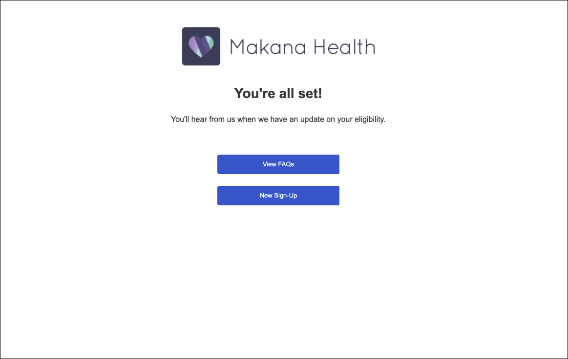 The Vaccinaton Sign-Up Success Page with the View FAQs button.