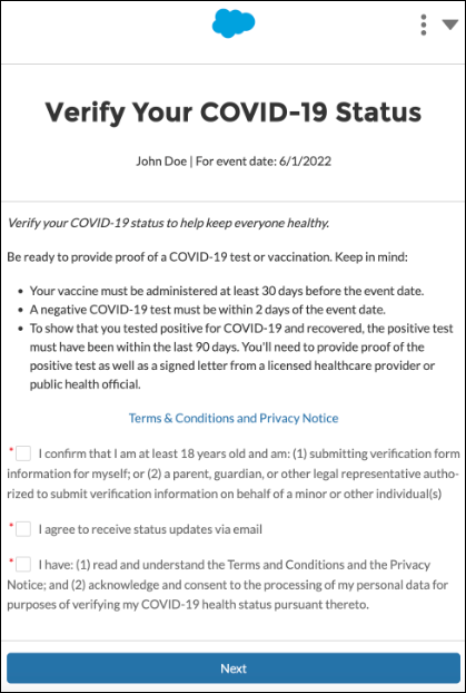 The COVID-19 Status consent acknowledgement page