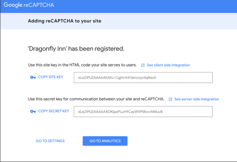 reCaptcha Site key and Secret Key