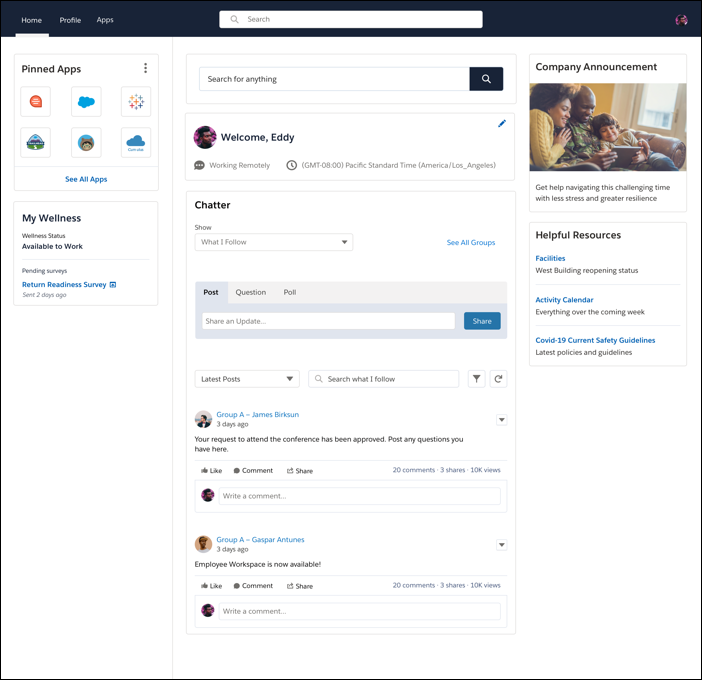 Employee Workspace Home page