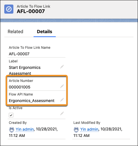 The article to flow link detail page with the article number and flow api name highlighted.