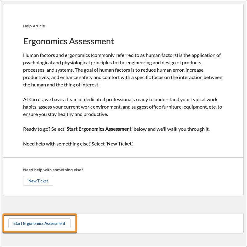 A knowledge article for an ergonomics assessment with the Start Ergonomics Assessment flow highlighted.