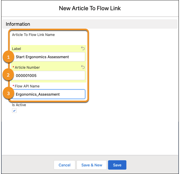 New article flow link with the label, article number and flow api name textbox highlighted.