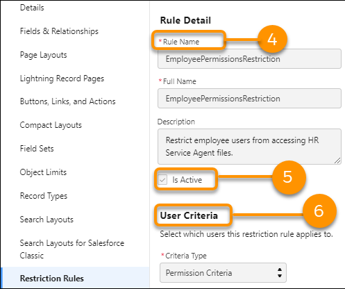 Permission criteria restriction rule details