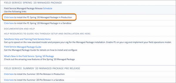 Shows the installation page for the Field Service managed package.