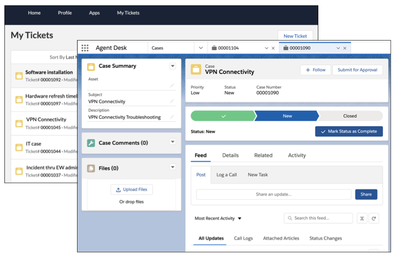 Employee Concierge includes a My Tickets page for Employee Workspace users and the Agent Desk Salesforce app for your IT Agents.