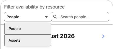 The Filter availability by resource dropdown expanded to show two options, People and Assets.