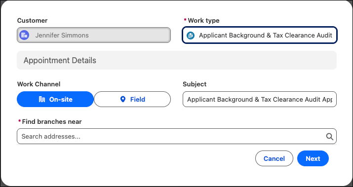 The unified scheduling flows modal that shows the different scheduling methods - on-site and field side-by-side.