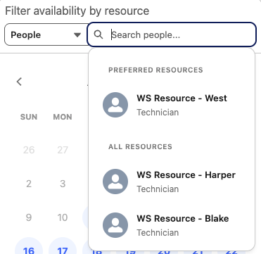 The resource search box expanded to show a Preferred Resources group holding WS Resource - West, and an All Resources group holding WS Resource - Harper and WS Resource - Blake. Each resource is labeled Technician.