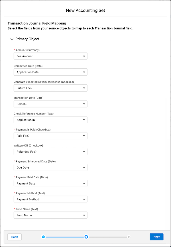 Campos de conjunto de contabilidad de ejemplo para comisiones de solicitud