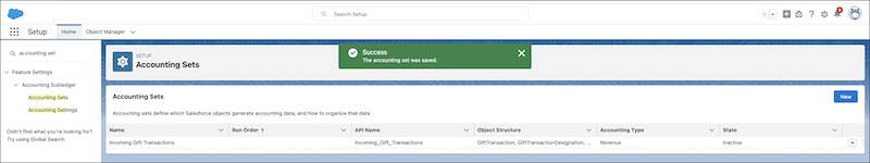 Screenshot of the Accounting Sets page.