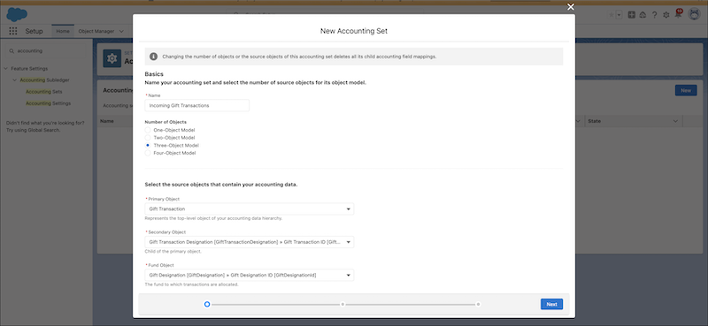 Screenshot of a new accounting set with completed fields.