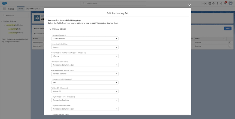 Screenshot of the edit accounting set window with completed fields.