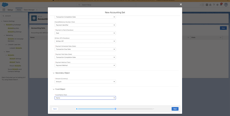 Screenshot of the new accounting set window with completed fields.