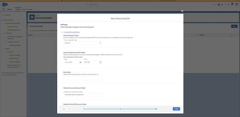 Screenshot of a new accounting set with values for Accounting Set Type and Accounting Record Start Date fields.