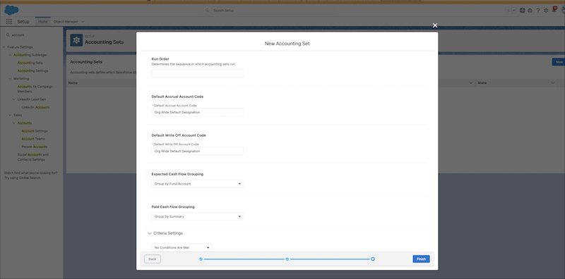 Screenshot of a new accounting set with values for Default Accrued Account Code and Default Write Off Account Code fields.