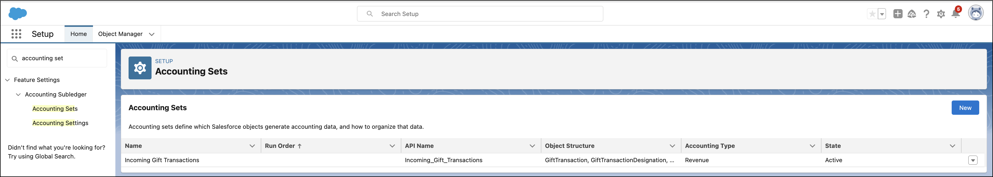 Screenshot of the Accounting Sets page.