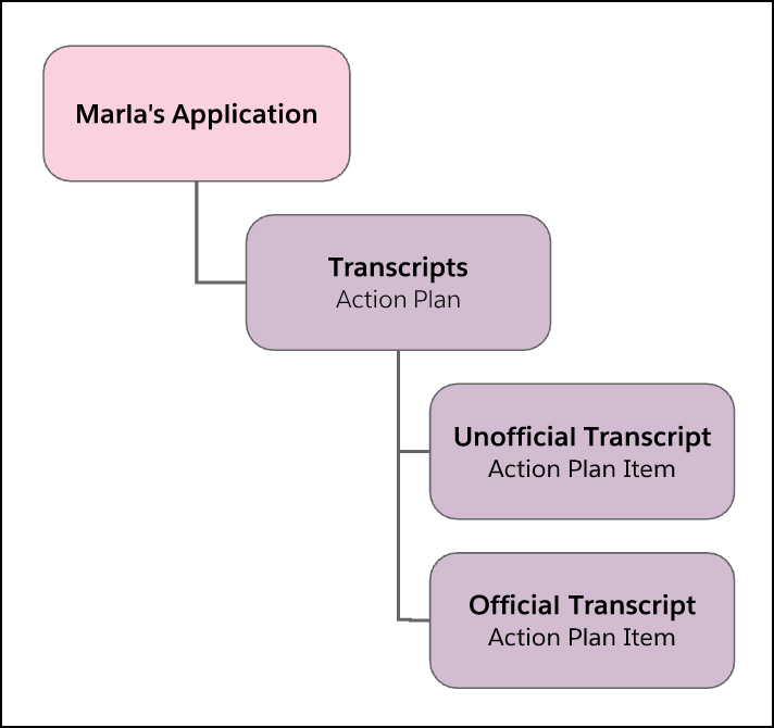 Concept diagram showing an Action Plan for Transcripts (with child Action Plan Items for an Unofficial and Official Transcript) connected to an Application record