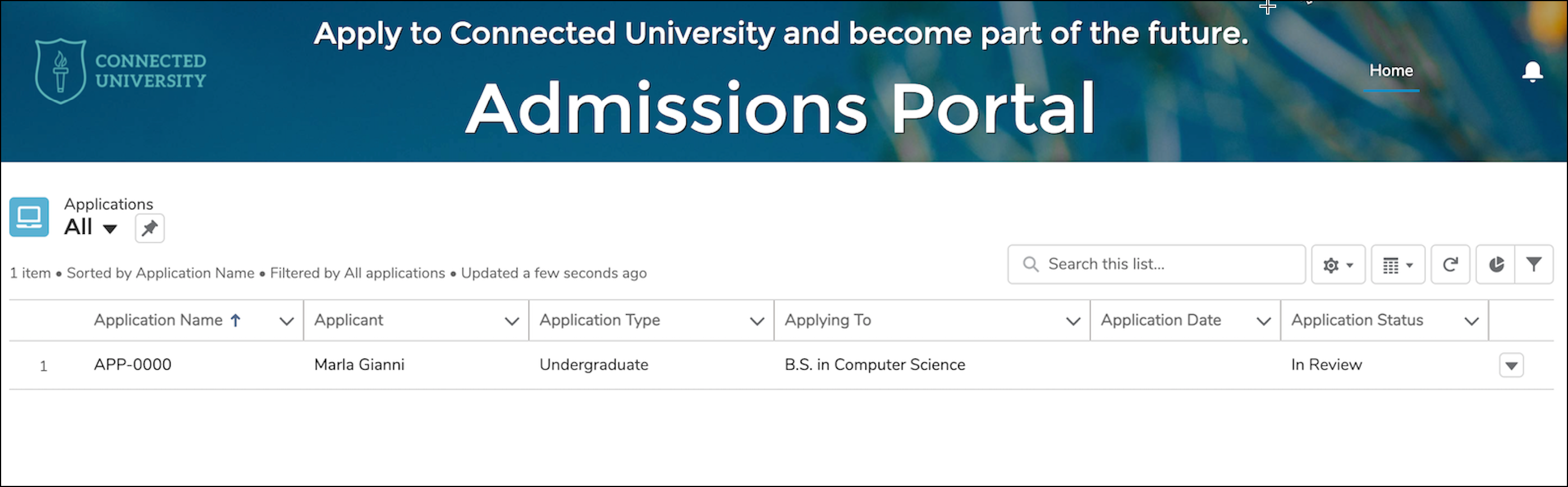 Sample applicant portal home page featuring a list view for Applications