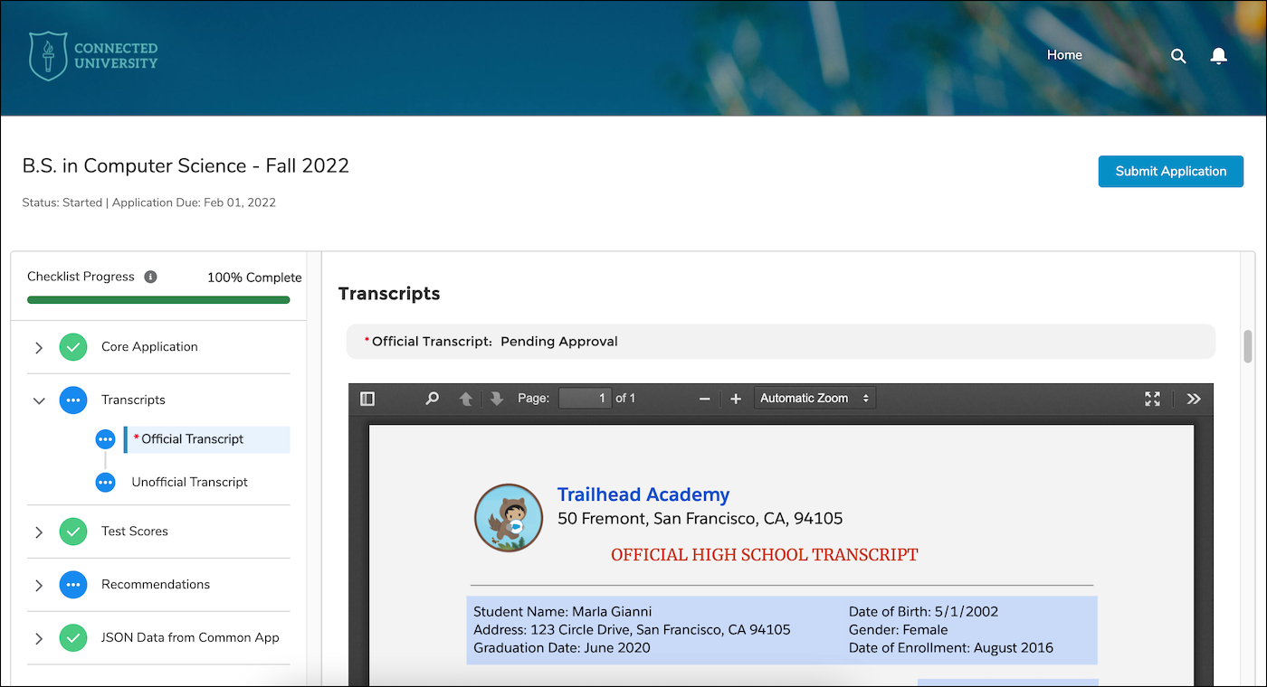 Sample Application record in an applicant portal featuring the Applicant Application Viewer component
