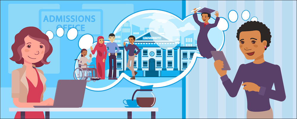Graphic showing a split screen with a reviewer on one side and an applicant on the other. They share a thought bubble that includes an image of a university in it with a small cohort of diverse students in it and a graduate in a cap and gown.