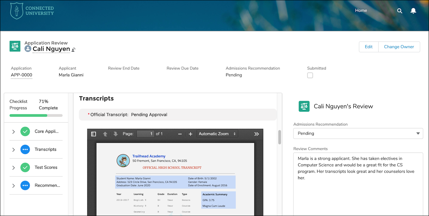Application Review page of the Admissions Reviews portal