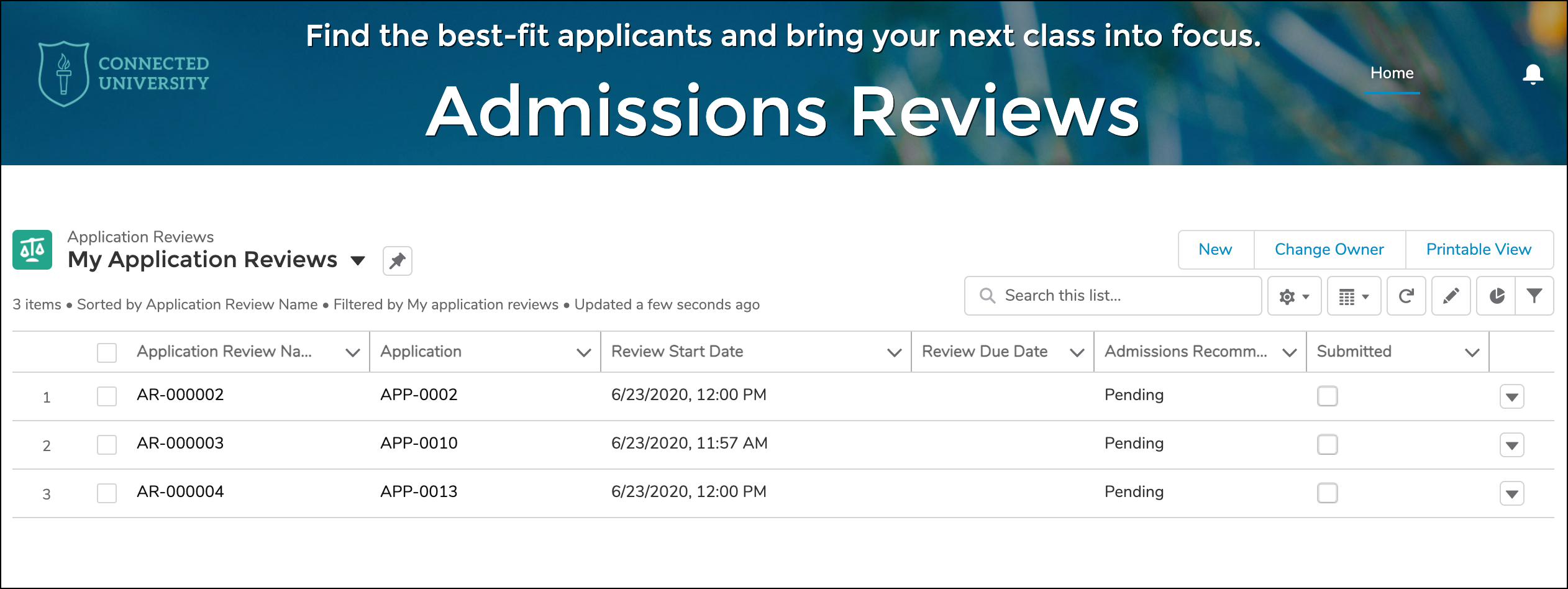 Home page of the Admissions Reviews portal