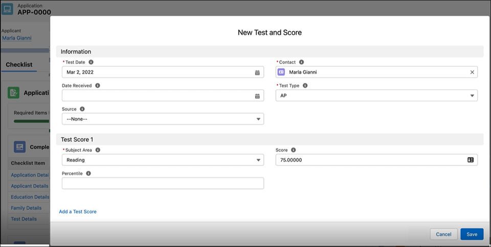 The Education History component lets users enter multiple tests and their associated scores and subject area.