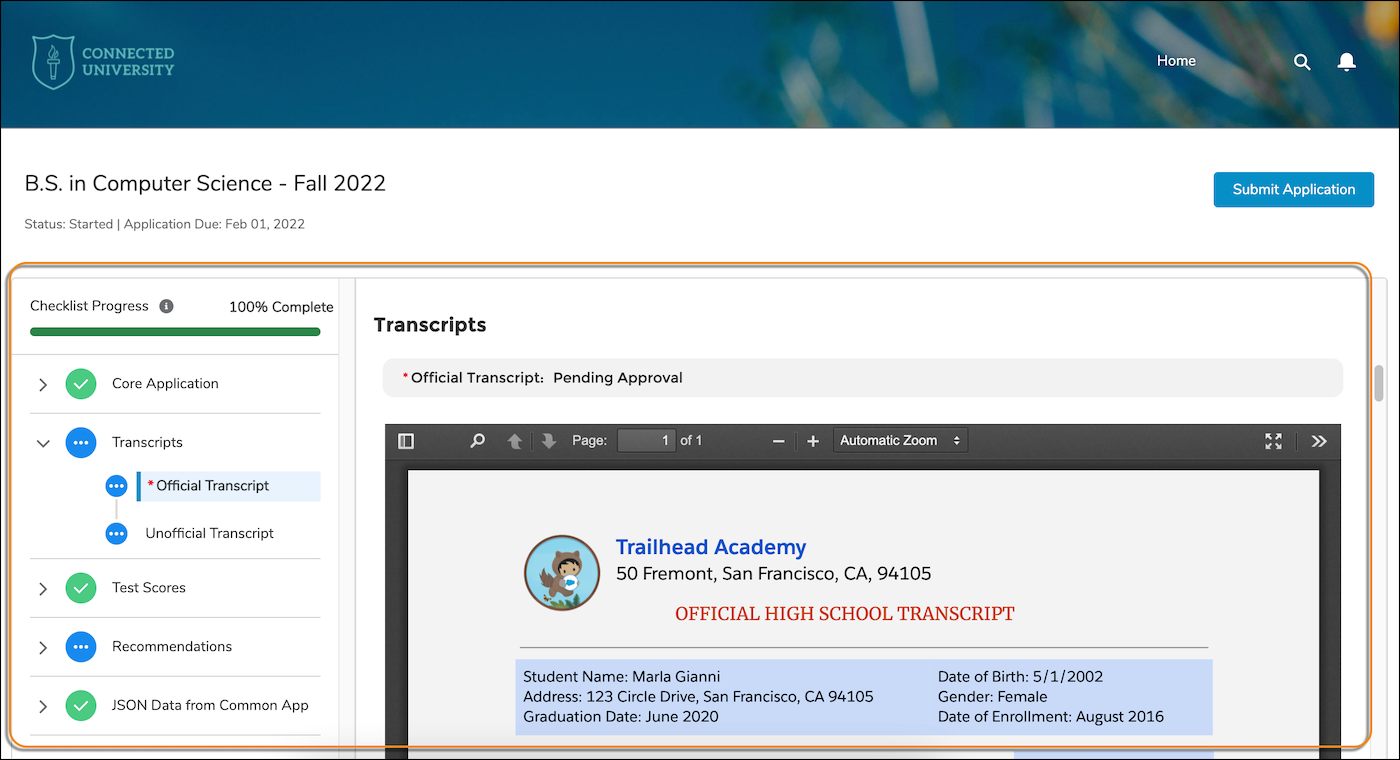Applicant Application Viewer component in a sample applicant portal