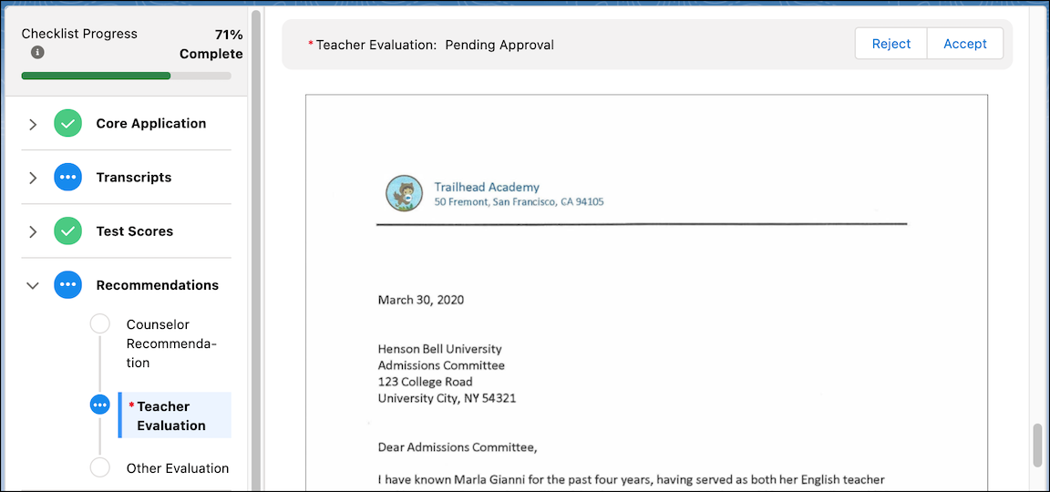 Reviewer Application Reader component showing a navigation menu expanded and an image of a recommendation