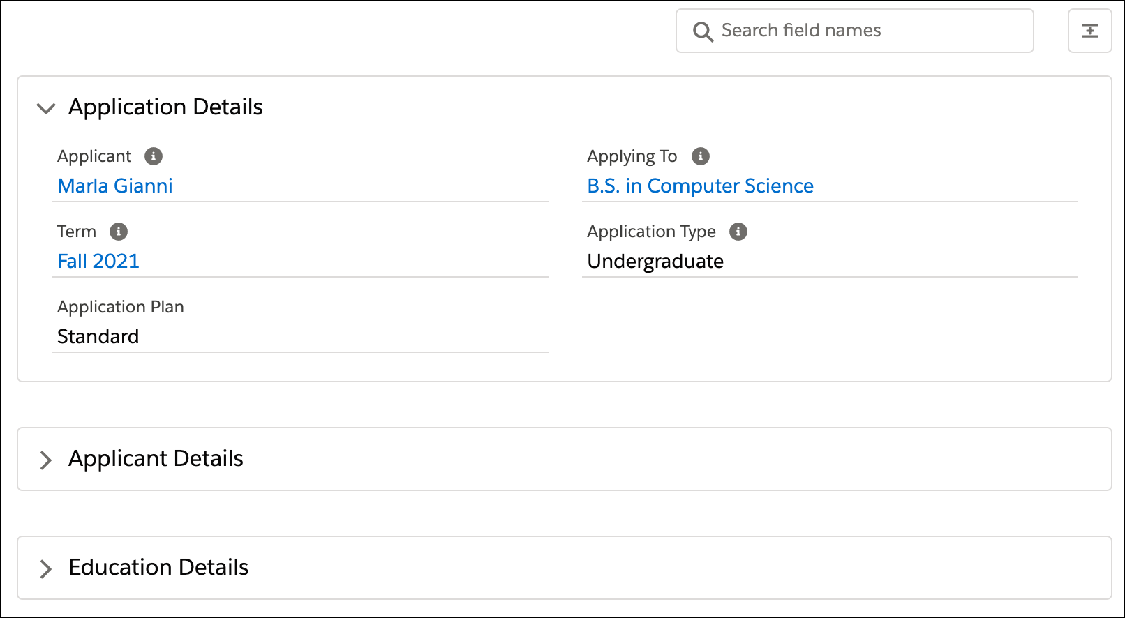 Application Response Details component showing an expanded region for Application Details