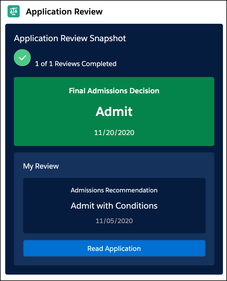 Reviewer Snapshot component showing a Final Admission Decision of Admit