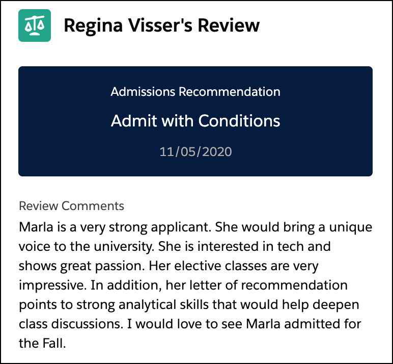 Reviewer Feedback component showing a submitted recommendation with comments