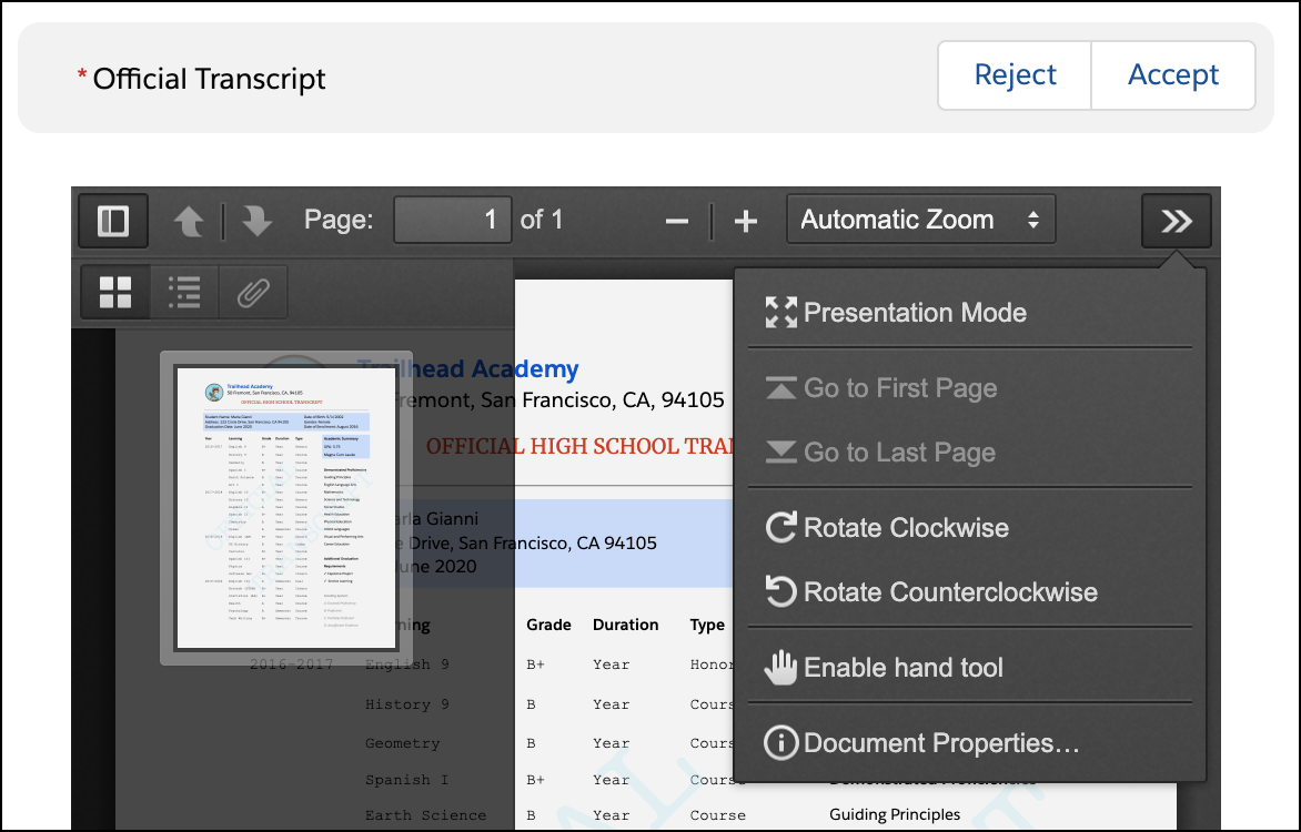 Reviewer Application Reader component showing the PDF viewer with all the help menus opened
