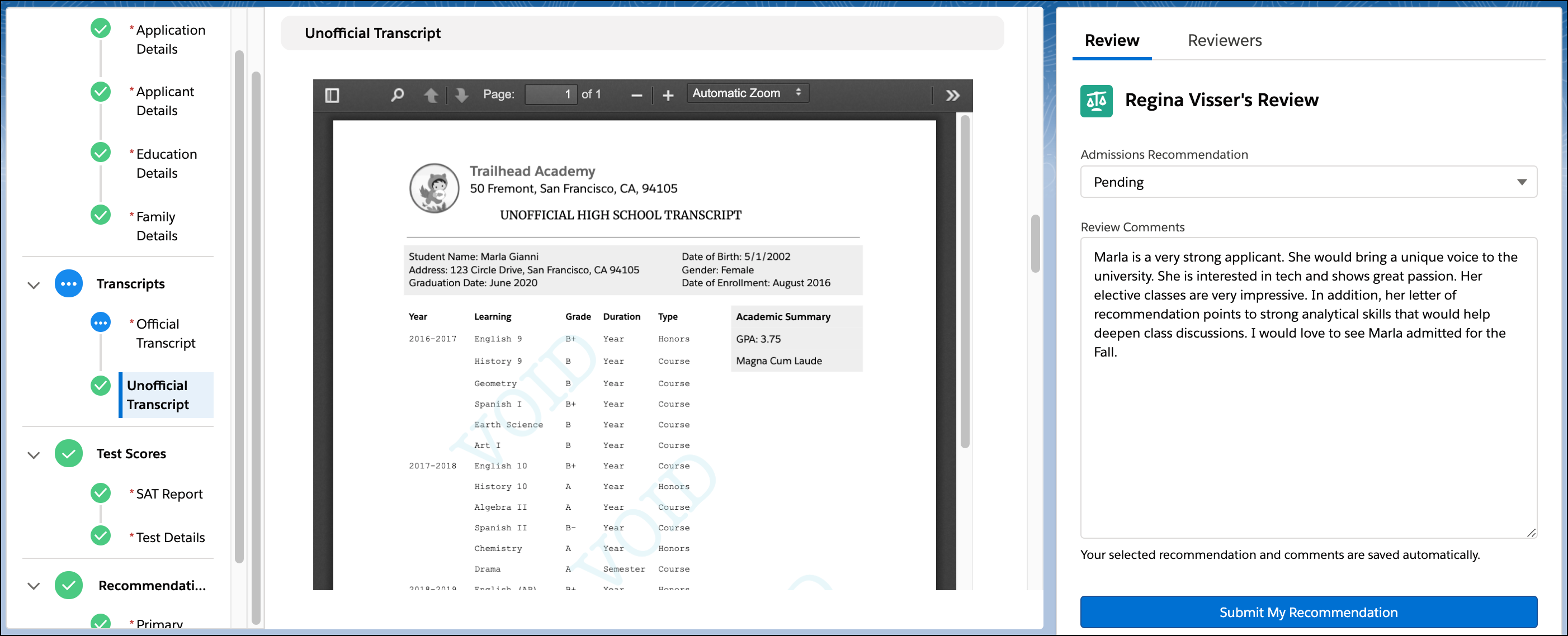 Application Review page showing an expanded navigation, a transcript, and pending review comments