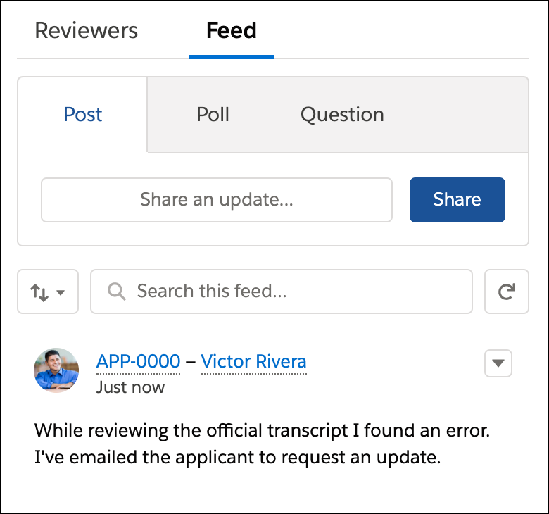 Application page Feed region showing a comment from a verifier