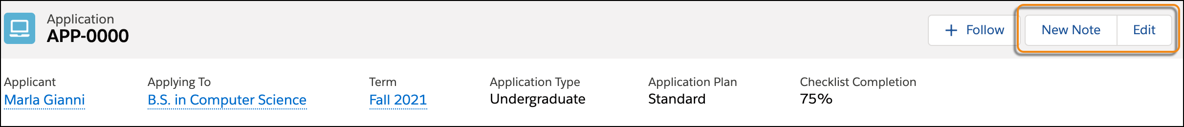 Application page highlights panel with a callout on the available actions for the page