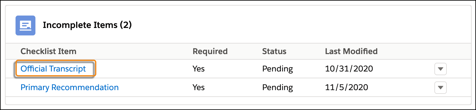 Incomplete Items list in the Application Checklist with a callout around a Checklist Item link